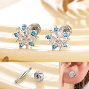 Snowflake Cartilage Stud Earrings Copper Blue White Zirconia With Titanium Steel Screw Post Delicate Women Jewelry