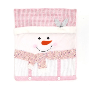 Pink Christmas snowman chair cover in plush fabric with sequins for dining room decoration