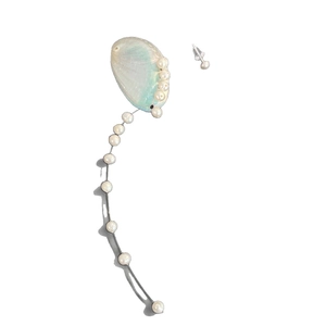 Silver needle freshwater pearl and shell tassel earrings with iridescent abalone shell detail
