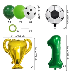 Soccer theme birthday party balloon kit with green trophy and number 1 foil balloon