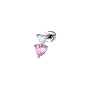 Minimalist silver stud earrings with sparkling pink and clear heart shaped zircon crystals