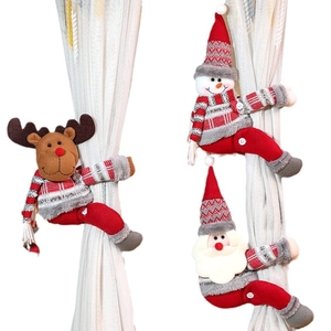 Christmas curtain tieback set featuring Santa Snowman and Reindeer plush figures