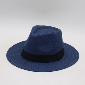 Classic dark blue fedora sun hat with black grosgrain ribbon trim and woven texture
