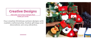 Detailed close-up of Christmas stocking ornaments featuring Santa, snowman, elk and polar bear