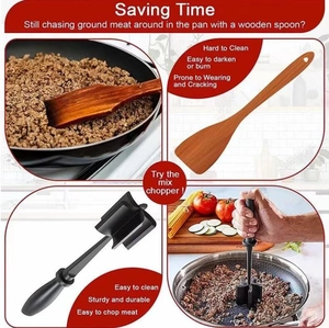 Comparison showing black nylon meat chopper efficiency vs traditional wooden spoon