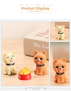 Detailed view of miniature resin puppies with realistic fur texture and a red food bowl