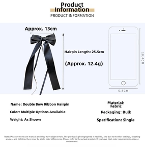 Detailed size specifications for a 25.5cm double bow ribbon hair clip in dark gray fabric