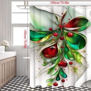 Detail view of 180x180cm Christmas shower curtain with green leaves and red ornaments