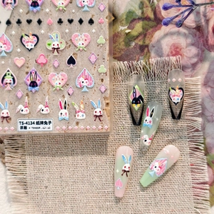 5D embossed rabbit and playing card nail art stickers with 3D texture for manicure