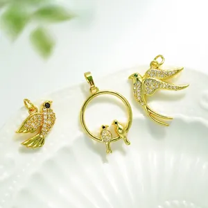 18K gold plated bird charms with sparkling zircon stones for DIY jewelry making