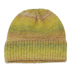 Winter tie-dye gradient knit beanie featuring yellow and green ribbed texture and folded cuff