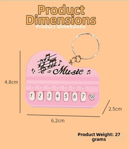 Detailed dimensions of the mini piano keychain toy with width, height and thickness