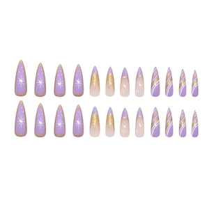 Purple cat eye press on nails with gold glitter snowflakes in stiletto shape