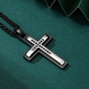 Polished men's black and silver steel double-layer cross pendant with black zircon stones