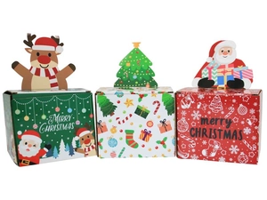 Three-piece set of colorful Christmas corrugated paper candy boxes with holiday graphics