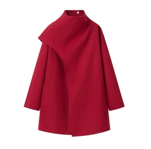 Detail of red asymmetrical mid-length wool coat with collar label showing size S