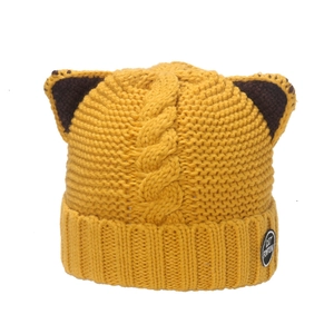 Chic mustard yellow knit cat ear hat with warm cable textures and ribbed cuff for women
