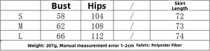 Size chart for solid halter neck mini dress including bust, hip, and length measurements