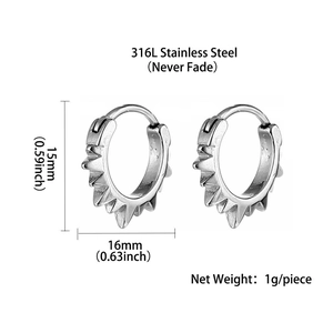 Cyberpunk 316L stainless steel spiked earrings with size 15x16mm and silver finish
