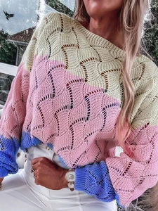 Maglione Pullover Da Donna Color Block Traforato All'Uncinetto Maniche Lunghe Girocollo Casual Largo Streetwear Top