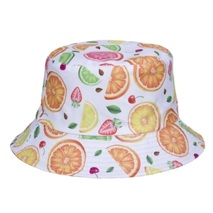 White bucket hat with tropical fruit prints featuring oranges and strawberries for summer sun protection