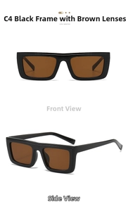Detail view of C4 retro square sunglasses featuring thick black frames and tea lenses