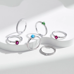 Set of s925 silver rings featuring vintage ruby red and colorful opal gemstones