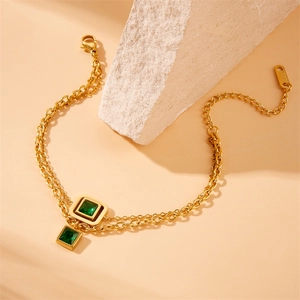 Bracelet double rang en acier inoxydable doré avec pendentifs carrés en pierre verte