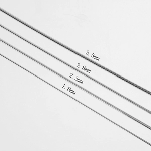 Sleek stainless steel snake chains shown in 1.8mm to 3.5mm diameter sizes on white background