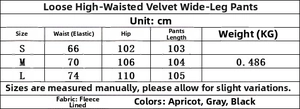 Size chart for high waist velvet joggers showing S M L measurements in centimeters