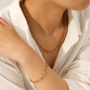 Bicolor Stainless Steel Nautical Link Chain Necklace And Bracelet Gold Silver Minimalist Geometric Jewelry For Women