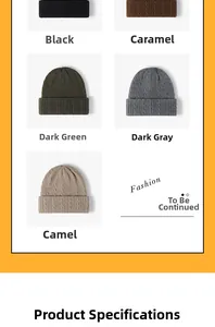 Detail shot of winter knit beanies in black, caramel, green, grey, and camel colors