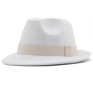 Detail shot of a white wool fedora hat with a premium cream grosgrain ribbon band