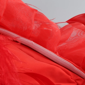 Detailed macro view of red mesh fabric with decorative feathers and zipper closure