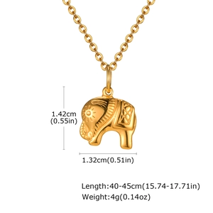 Detail showing gold elephant pendant dimensions 1.42cm x 1.32cm with intricate sunray pattern