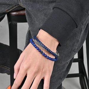 Men's triple-layer lapis lazuli and black agate beaded bracelet with magnetic clasp