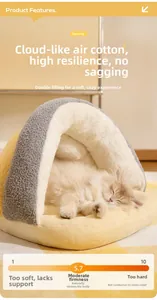 Détail du panier semi-fermé pour chat en velours gris et jaune avec texture pelucheuse