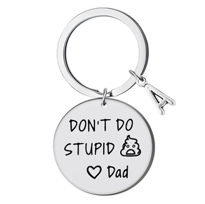 Close-up of stainless steel keychain with Dad's message and letter A charm pendant