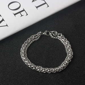 Mens silver double layer stainless steel bracelet with cuban and bead chain style