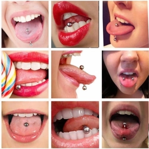 Multiple views of silver surgical steel tongue barbells shown on models in a collage