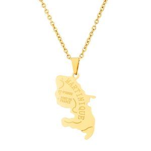 Detailed close-up of golden Martinique map pendant with engraved landmarks on O-chain