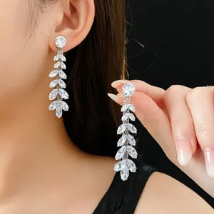 Elegant silver wheat zircon fringe earrings with marquise cut stones for women