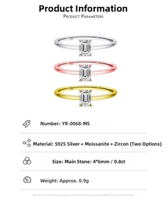 Three-color selection of emerald-cut Moissanite rings in silver, rose gold and gold finishes