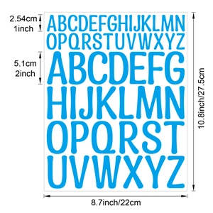 Blue vinyl letter stickers in 1 and 2 inch sizes on 22x27.5cm waterproof sheet