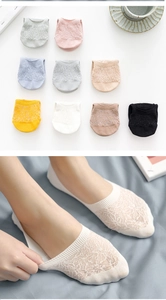 Detail of lace mesh low-cut invisible socks with breathable hollow texture and non-slip sole