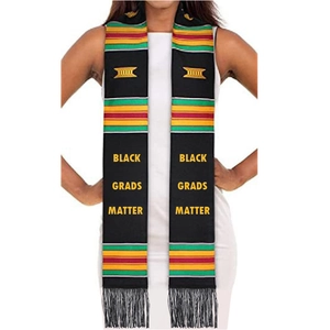 Detail of Kente style Black Grads Matter graduation stole with fringe and embroidery