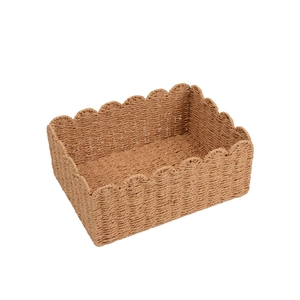 Natural paper rope woven storage basket with decorative scalloped wavy edges