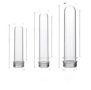 Size chart showing dimensions for 30ml, 40ml and 100ml PET test tube bottles with silver caps