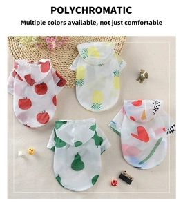 Close-up of lightweight hooded pet sun shirts with fruit patterns for small dogs
