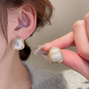 Vintage trapezoid resin stud earrings with golden frame and marble texture for women